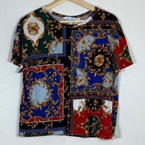 Zara Baroque Scarf Print Top M Multicolor Patchwork Boxy Fit Ornate Gold Scroll